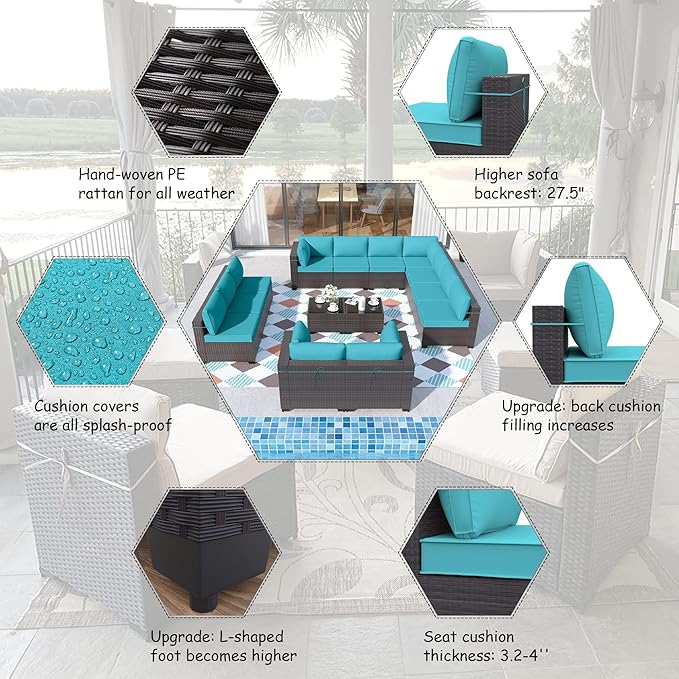 ALAULM 14 Pieces Patio Furniture Set Wicker Patio Conversation Set, Outdoor Sectional Furniture w/Coffee Table & Washable Seat Cushions-Blue