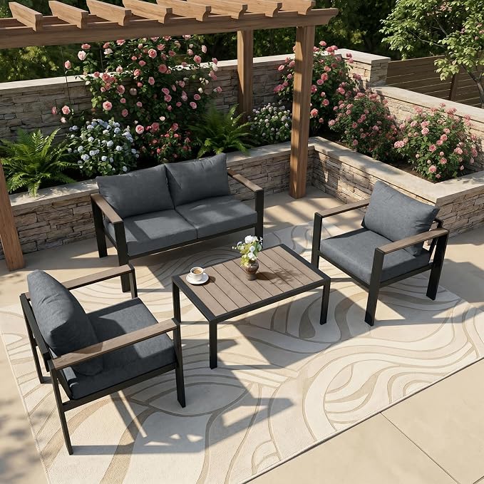 Outdoor Patio Furniture Set 4 Seats Luxury Aluminum Patio Conversation Set with Coffee Table, Washable Thick Cushions, Large Sectional Sofa for Porch, Balcony, Deck, Yard, Gray