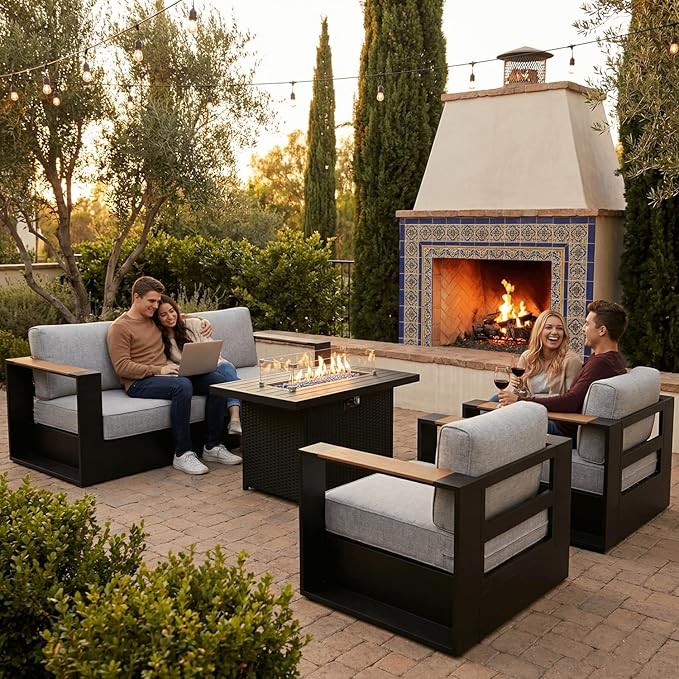 LayinSun 4 Pieces Aluminum Patio Furniture Set with Fire Pit Table, Oversized Outdoor Conversation Set 5 Seats with 6" Thick Cushions for Outside Porch, Balcony, Deck