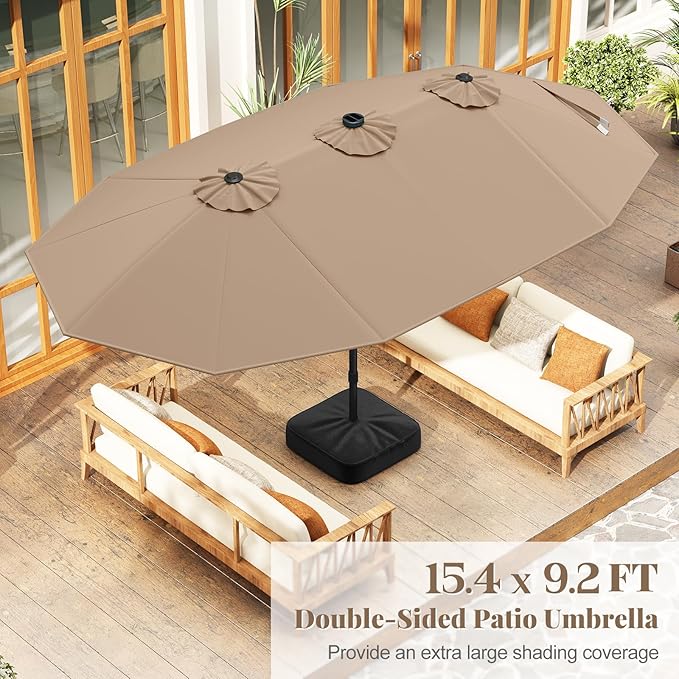 Tangkula 15FT Double-Sided Solar Patio Umbrella, Extra-Large Outdoor Twin Umbrella with 48 LED Lights, Vented Top, Crank Handle, 12 Ribs, Weighted Base Included for Backyard Poolside Deck (Tan)
