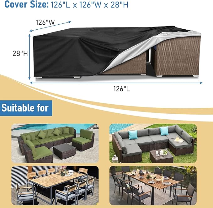 AKEfit Patio Furniture Covers,500D Heavy Duty Waterproof for Outdoor Square and Retangle Patio Table and Chair Covers,Black -126"L x 126"W x 28"H