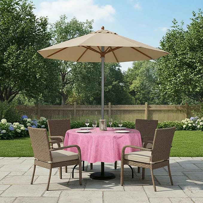 Outdoor Tablecloth Wrinkle-Free Stain Resistant Waterproof Polyester Fabric Table Cover with Zipper Umbrella Hole for Picnic/Party/Dinner/Patio Garden(70inch Round,Zippered,Pink)