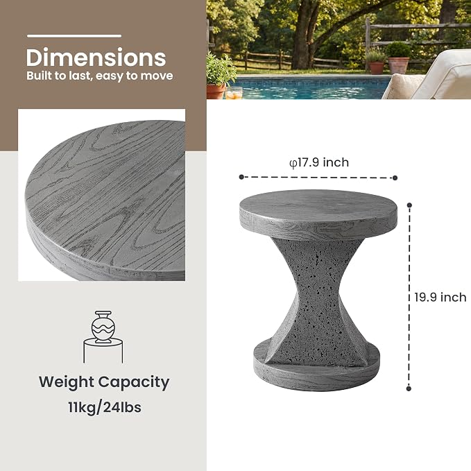 HOMPUS Outdoor Side Table, Concrete Dinning Table Hourglass Shpaed, Round Multi-Functional End Table, Cement Coffee Table for Patio, Garden, Backyard, Grey
