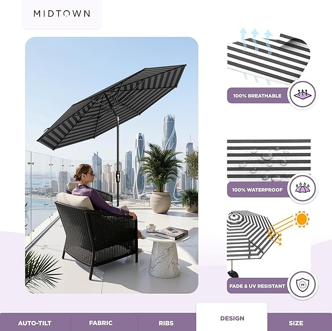 Midtown Umbrellas – The Swilt 10 Ft Patio Umbrella with 360° Swivel & Tilt Mechanism, Sunbrella Fabric & 8 Fiberglass Ribs – Outdoor Umbrella for Deck, Pool & Cafes – Black & White Canopy, Black Pole