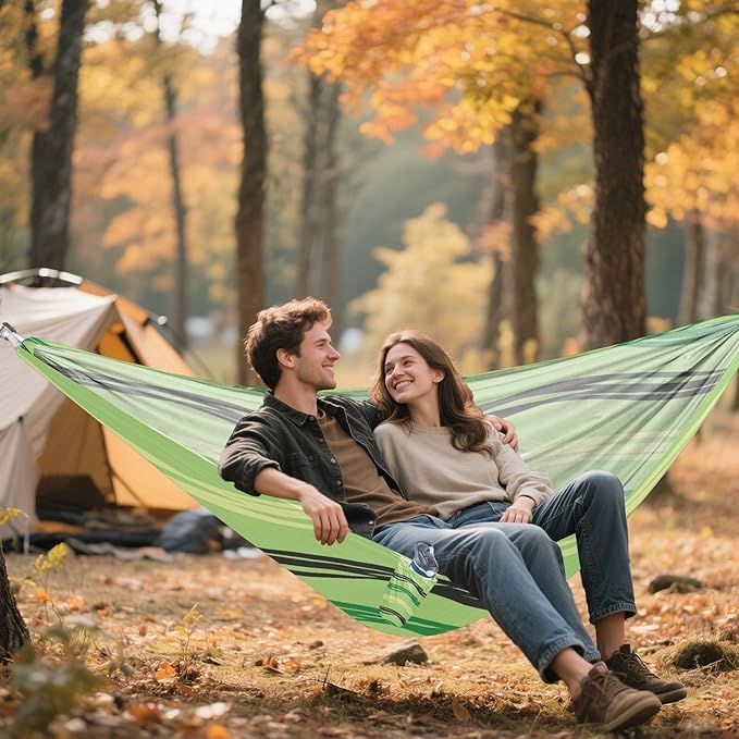 Qilmy Green Black Lines Camping Hammock Single – 330 lbs Capacity, Lightweight with Tree Straps & Carabiners, Portable for Hiking, Travel, Backpacking