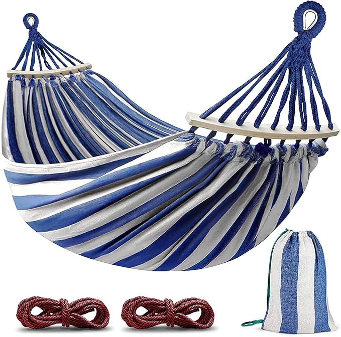 285X155cm Hammock with Spreader Bars, Camping Hammock Outdoor, with Thickened Durable Canvas Fabric and Sturdy Metal Knot, 550 Lb Load Capacity, for Backyard, Garden,Blue