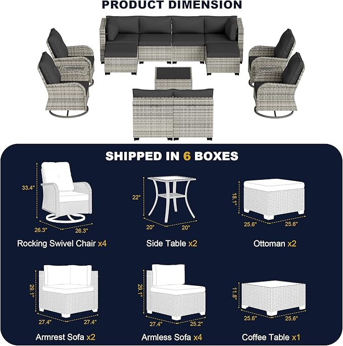 15-Piece Outdoor Patio Furniture Set with Rocking Swivel Chair, Wicker Rattan Sectional Sofa Conversation Set with Tempered Glass Table with Ottomans, Backyard Furniture, Dark Grey