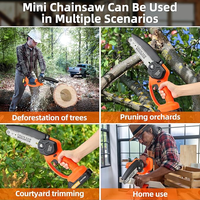 6-Inch Mini Cordless Chainsaw, Battery Powered Hand Held Electric Saw, High Speed Portable Saw for Tree Trimming, Branch Pruning, Wood & Soft Metal Cutting, Automatic Lubrication and Safety Protection