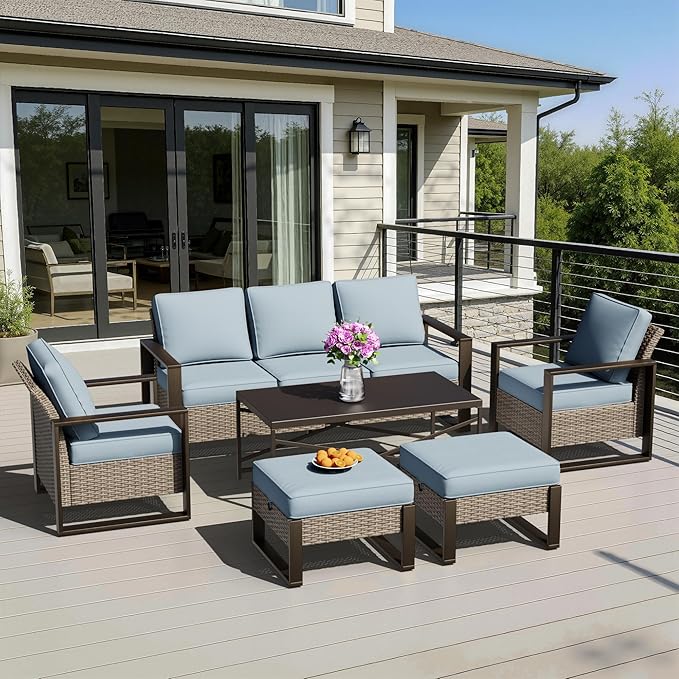 6 Pieces Metal Wicker Patio Furniture Set - 75" Sofa, 2 Armchairs and 2 Ottomans, 1 Coffee Table All Weather Rattan Outdoor Conversation Furniture with Washable Cushion for Deck Porch, Baby Blue