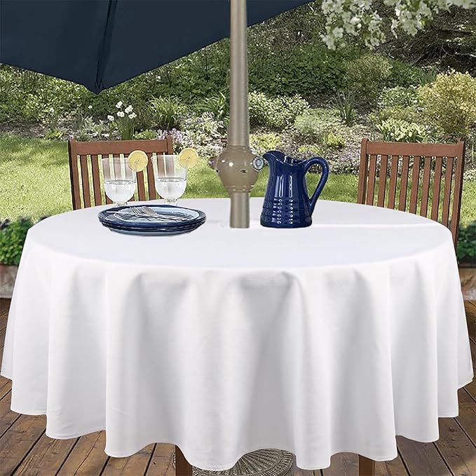 Outdoor Tablecloth Wrinkle-Free Stain Resistant Waterproof Polyester Fabric Table Cover with Zipper Umbrella Hole for Picnic/Party/Dinner/Patio Garden(60inch Round,Zippered,White)