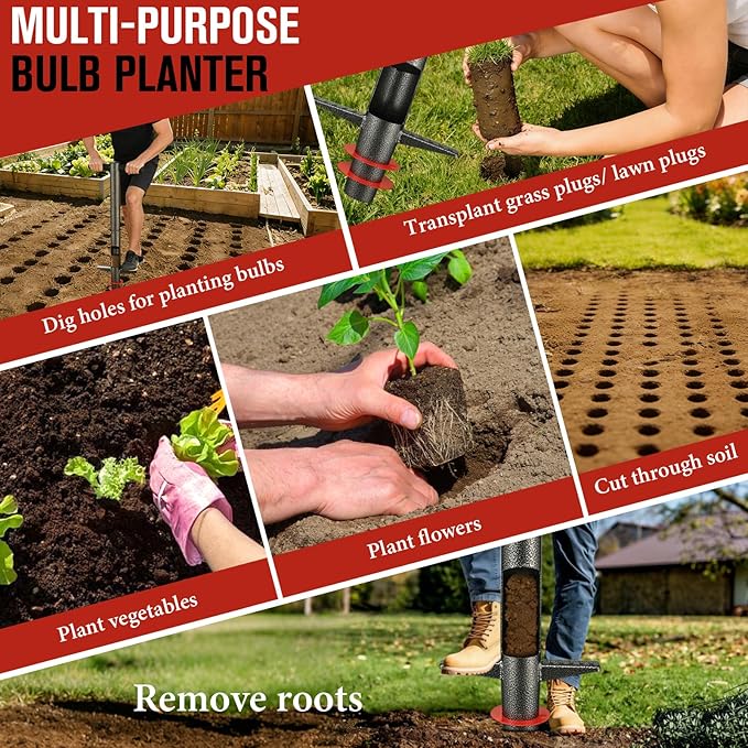 Bulb Planter Tool, 33.5" Long Handle Sod Plugger for Standing Planting, 2"/4"/6" Adjustable Depth Garden Hole Digger, Heavy Duty Auto Eject Lawn Plugger for Flower Bulbs,Grass Plugs,Seedlings