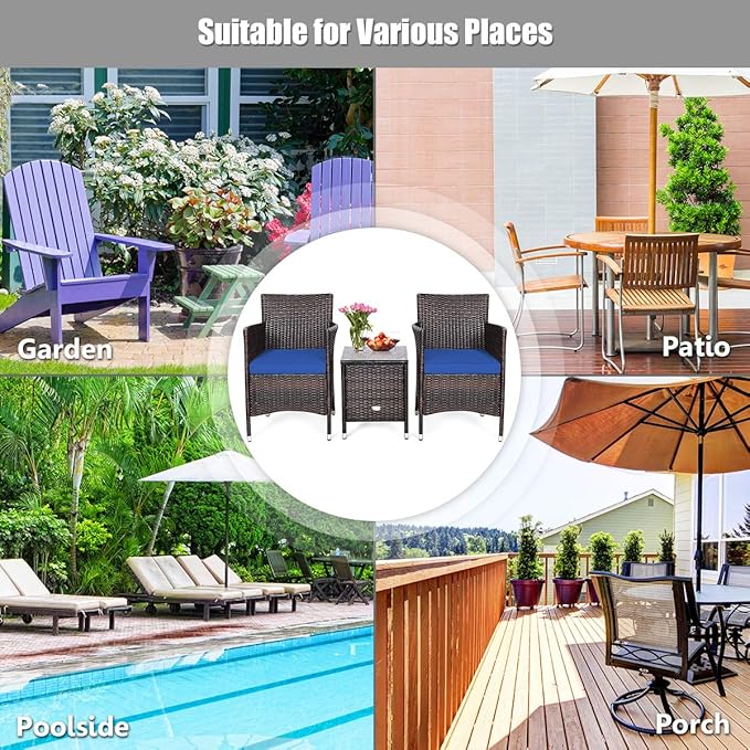 DORTALA 3 Piece PE Rattan Patio Furniture Set, Outdoor Chairs & Table Set with Tempered Glass Top & Cushions, Wicker Conversation Set for Garden Backyard, Navy