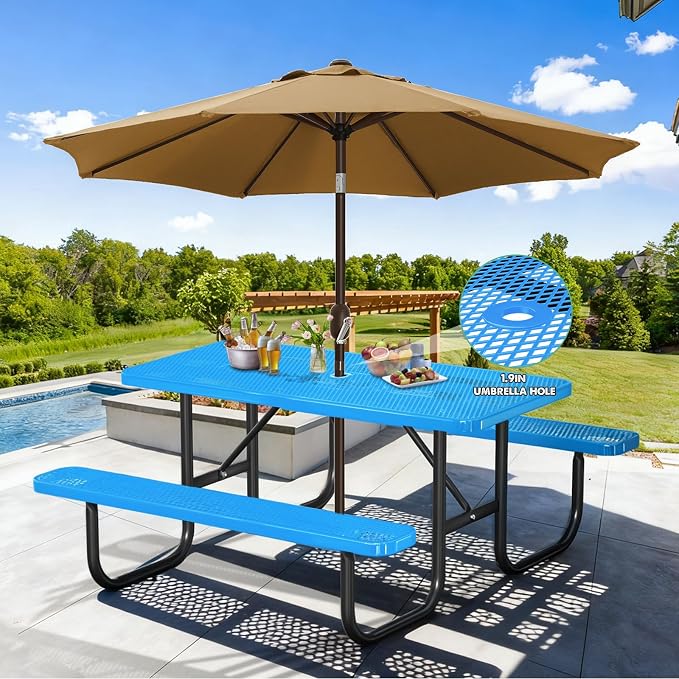 Ceridwen Heavy Duty Picnic Table with 2 Benches, Expanded Metal Steel Mesh Outdoor Patio Dining Table Bench Set with Umbrella Hole,Outdoor Patio Dining Table for Garden (Rectangular, Blue, 6FT)