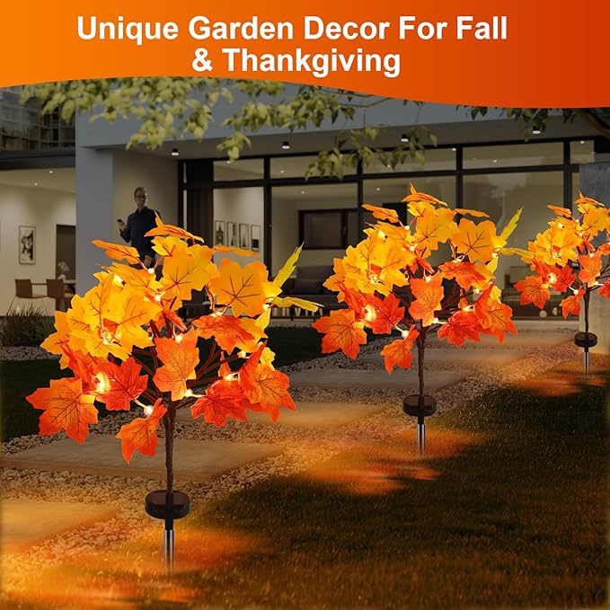 2Pack Fall Solar Lights Outdoor Decorative, Waterproof 40Led Orange Fall Lights with 80 Maple Leaves Path Lights, Solar Lights for Fall Autumn Patio Garden Halloween Thanksgiving Decorations