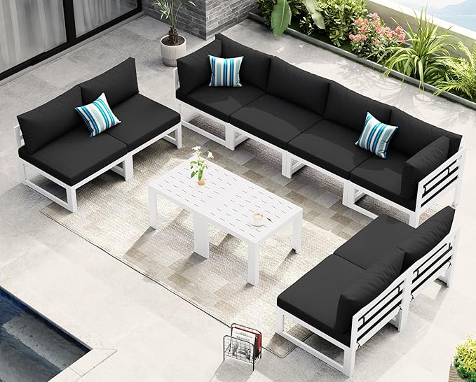 NICESOUL 10 Piece Modern Aluminum Patio Furniture Set, 500 lbs Heavy Duty Durable Outdoor Sectional Sofa, 29" Deep Wide Oversized Seating, L Shaped Comfortable Conversation Couch for Yard Deck, Black