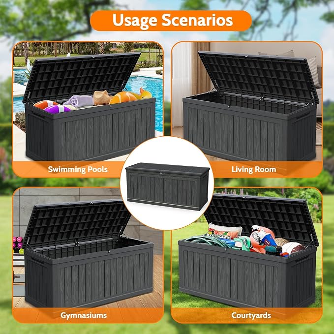 320 Gallon Waterproof Outdoor Storage Box, Lockable Patio Deck Boxes With Handle, Indoor and outdoor Resin Storage Box for Garden Tools, Patio Cushions, Package Delivery, Black