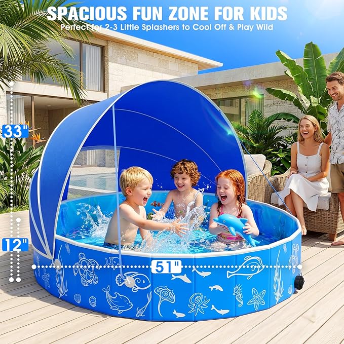 StarOcean 2026 Kiddie Pool with Canopy,Baby Swimming Pool for Toddler,Foldable kiddie pool with Shade,Portable Kids Pool for Backyard,Plastic Kiddie Pool with Sun Shade,Pop up Baby Pool for Beach-51‘’