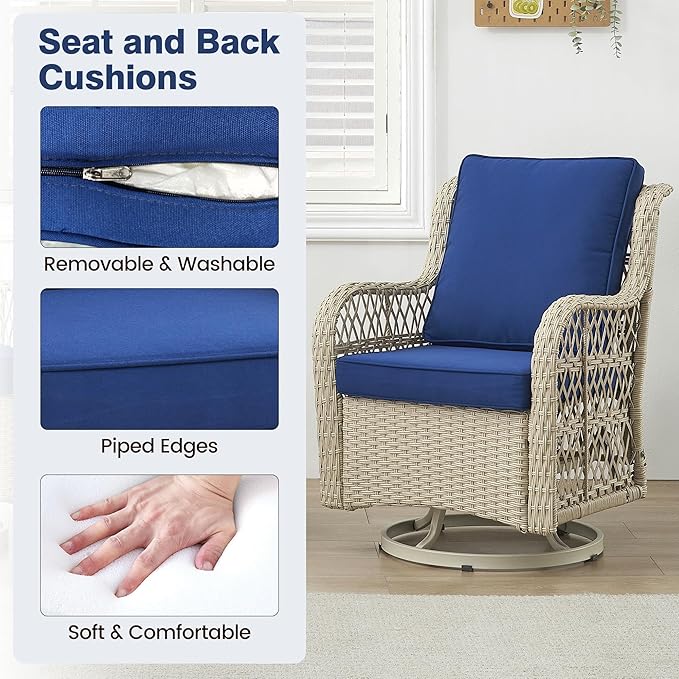 GarveeHome 3 Piece Outdoor Patio Set, Wicker Rocking Bistro Set with 2 Swivel Chairs & Tempered Glass Top Table, Rattan Outdoor Furniture with Cushions for Patio Porch Backyard