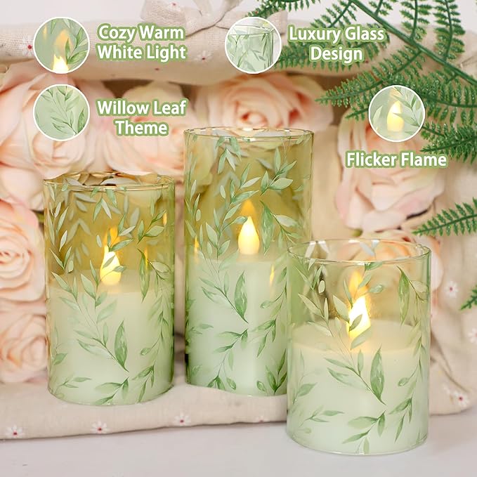 Glass Flameless Candles Green Decor Willow Leaves Vines Greenery Battery Operated LED Pillar Candles for Elegant Home Botanical Decor Special Occasions, Set of 3