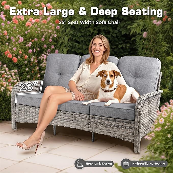 5-Piece Outdoor Patio Furniture Set,All Weather Wicker Rattan Patio Seating Sofa and Chair Set with Ottomans,Outdoor Conversation Sets with 3 Seater Couch for Porch Deck Yard,Grey