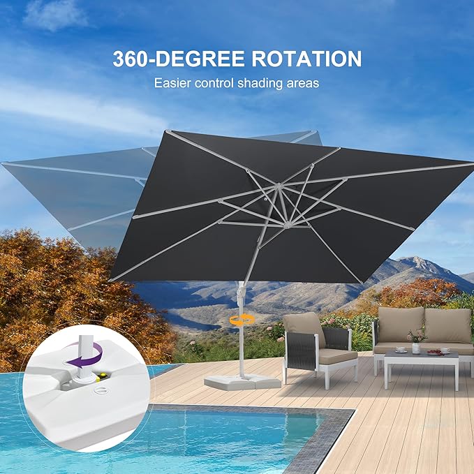PURPLE LEAF 10' × 13' Patio Umbrella With Base White Cantilever Umbrella Square Outdoor Offset Umbrella Windproof with 360° Rotation for Garden Deck Pool, Light Grey