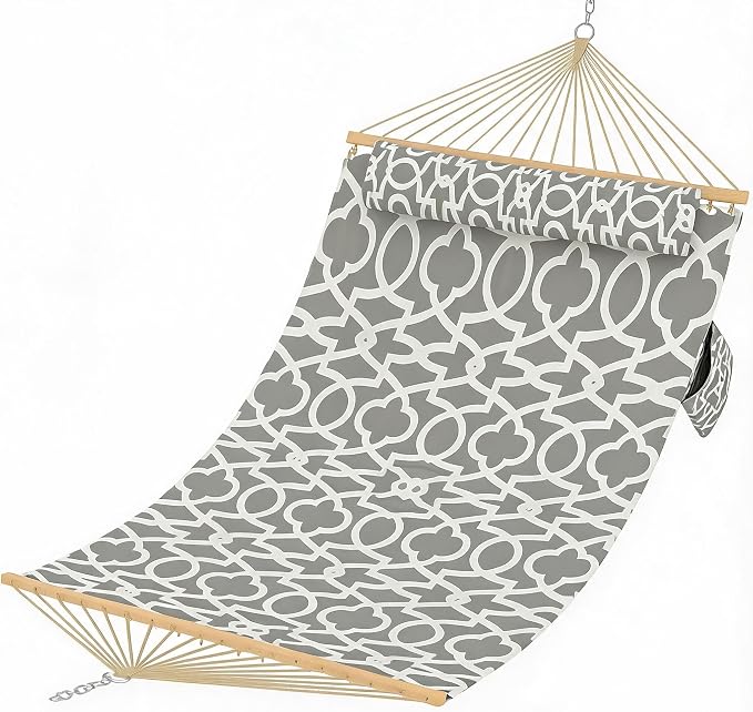 PrecisionAuto Double Quilted Fabric Hammock with Spreader Bar & Detachable Pillow, 12FT Two Person Outdoor Swing Bed Supports 450LBS for Patio Backyard Poolside Relaxation