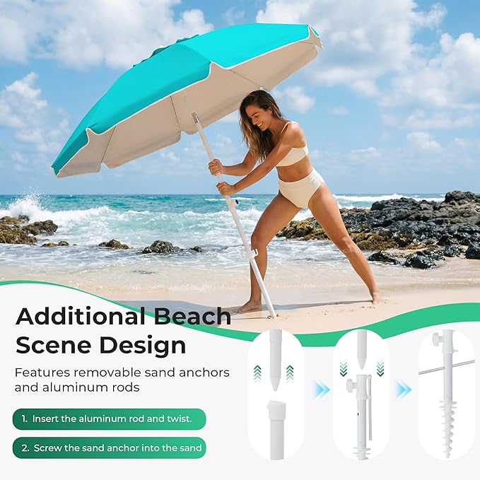 JEAREY 6.5ft Sun Shade Umbrellas, Portable Umbrella with Stand, Lightweight Sun Protection Free Standing Sport Umbrella for Outdoor Sports, Camping, Fishing, Patio, Beach, Peacock Blue