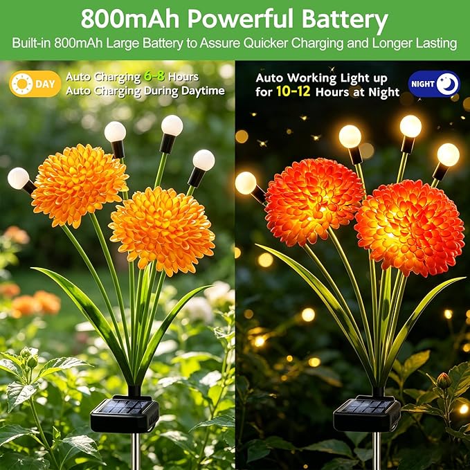 Solar Firefly Lights Outdoor Waterproof, 4 Pack Solar Flowers Swaying Lights with Flowers, Flower Light Garden Decor for Outside Yard Patio Halloween Christmas, Gifts for Women Grandma