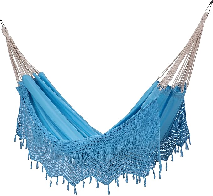 Bahia Brazilian Patio Hammock Crochet Cotton Hammock Double Hammock for Two People Outdoor Patio Swing Chair Hand Woven Mayan Hammock Use Inside Outside Backyard Decor Porch Swing - Blue
