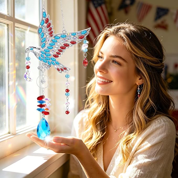 250th Anniversary USA Eagle Crystal Suncatcher, 4th of July Decorations for Home Garden Window Hanging, Red White and Blue American Flag Gifts for Women, Independence Day Patriotic Decor