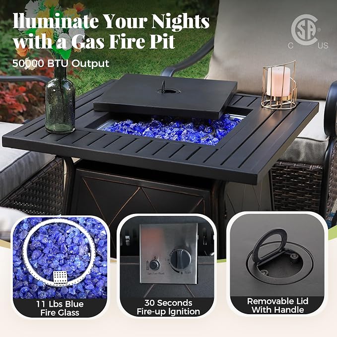 MIXPATIO Patio Furniture Set with Fire Pit Table, 5 Pcs Metal Outdoor Conversation Set, 4 Swivel Chairs with 5.75" Extra Thick Cushion and 28" Fire Pit Table for Backyard Deck, Navy Blue