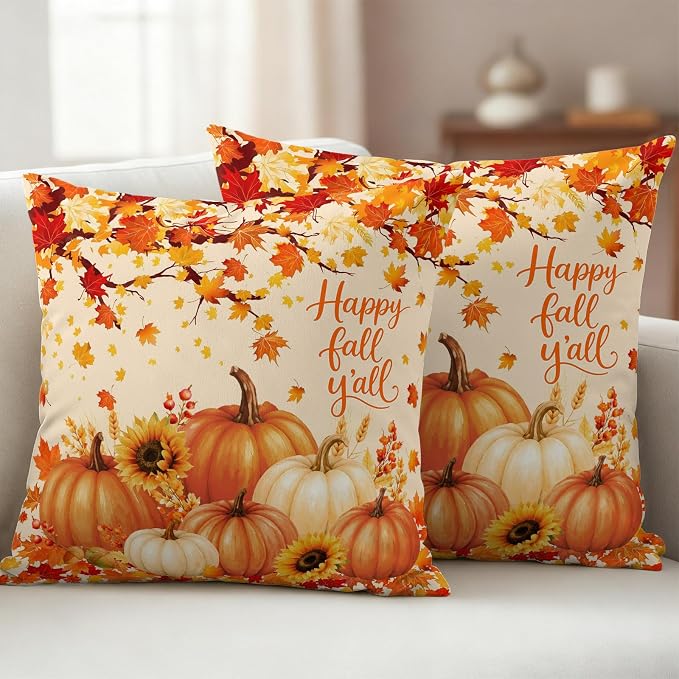 Orange Fall Waterproof Outdoor Pillow Covers 20''x20'' Set of 2, Maple Tree Branch Thanksgiving Pumpkin Patio Cushion Covers for Chairs,Decorative Countryside Leaves Pillow Cases for Garden/Pool/Beach
