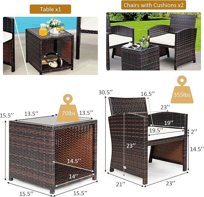Tangkula 3-Piece Outdoor PE Rattan Furniture Set, Patio Conversation Set w/Chair & Storage Coffee Table, Detachable Cushion, Stable X-Shaped Frame, Perfect for Garden, Backyard, Poolside (White)