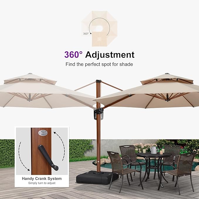 PURPLE LEAF 12ft Patio Umbrella Outdoor Round Large Cantilever Umbrella Windproof Offset Umbrellas Heavy Duty Sun Umbrellas for Garden Deck Pool Patio, Beige