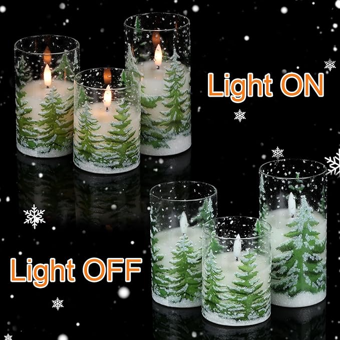 Wondise Christmas Tree Glass Flameless Candles, Battery Operated Flickering Candles with Remote and Timer, Real Wax LED Pillar Christmas Candles for Christmas Holiday Decor D3 x 4",5",6"