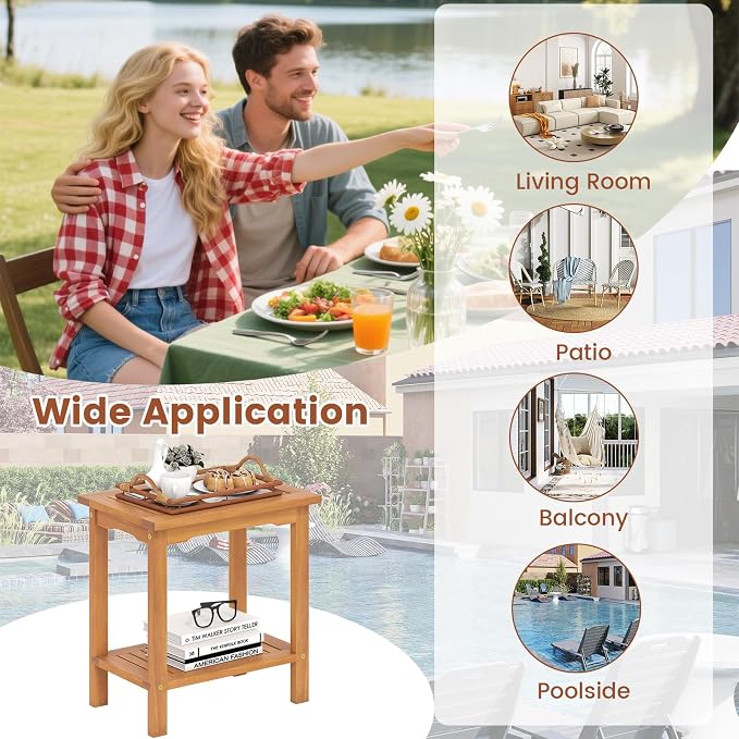 HAPPYGRILL Acacia Wood Patio Side Table, 2-Tier Accent Table with Slatted Tabletop & Storage Shelf, Wooden End Table for Living Room Poolside Balcony Porch (2)