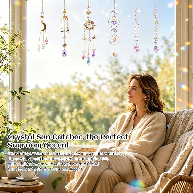 6 Pack Crystal Suncatchers for Window, Rainbow Prism Hanging Decor | Sun Catchers Indoor Hanging Decor with Sun Moon Star Charms, Sparkly Window Ornaments for Home, Office, Garden, Wedding Gift
