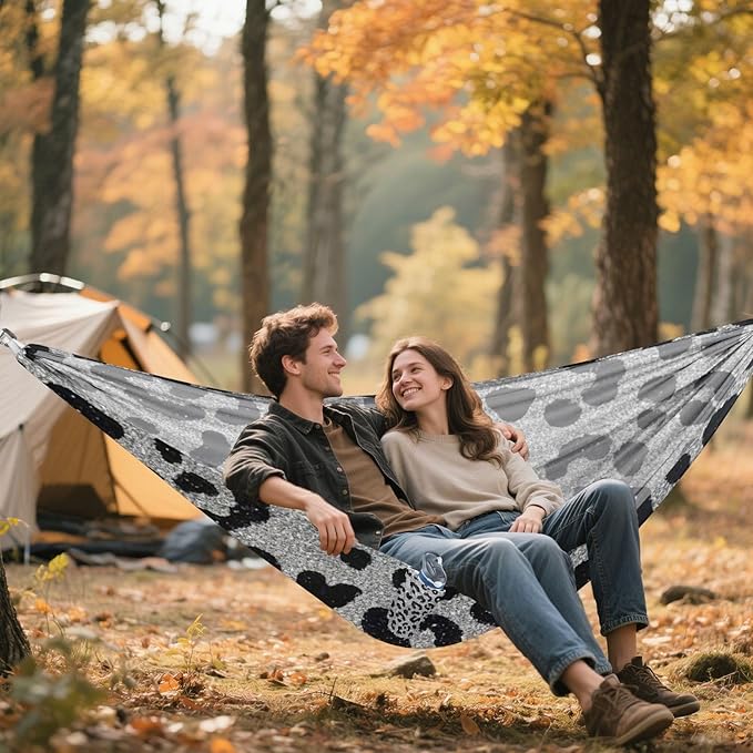 Fake Glitter Leopard Print Grey 330lb Capacity Camping Hammocks with Hanging Rope Swing Hammock for Indoor Outdoor Patio Base para hamacas para adultos