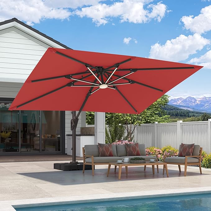 9x12 FT Cantilever Patio Umbrella with Base and Led Lights Double Top Outdoor Rectangular Large Heavy Duty Aluminum Offset Umbrellas with 7 Level Tilt 360-degree Rotation for Pool Garden Deck, Wine Red