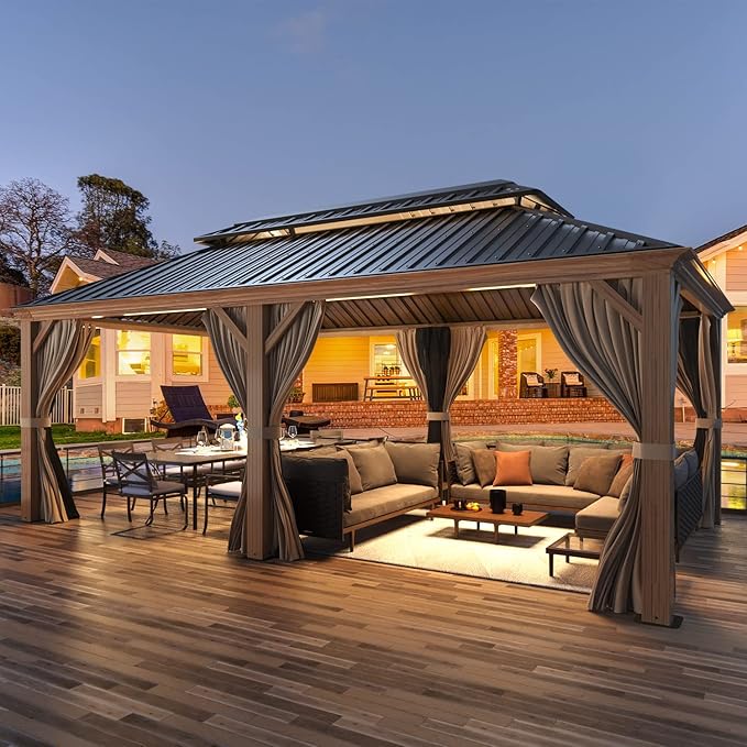 EROMMY 12'x20' Hardtop Gazebo, Wooden Finish Coated Aluminum Frame Pergola with Galvanized Steel Roof, Outdoor Metal Gazebos with Curtains and Nettings for Patio, Backyard, Deck and Lawns