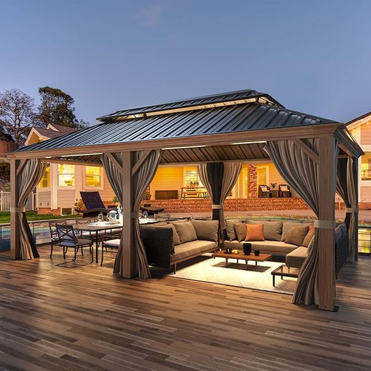 EROMMY 12'x20' Hardtop Gazebo, Wooden Finish Coated Aluminum Frame Pergola with Galvanized Steel Roof, Outdoor Metal Gazebos with Curtains and Nettings for Patio, Backyard, Deck and Lawns