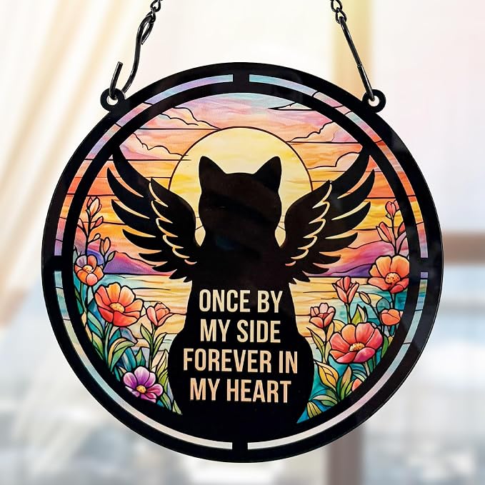 BamLue Cat Angle Memorial Suncatcher Window Hanging Decor, Loss of Cat Sympathy Sun Catchers Wall Art Gifts for Pet Lover