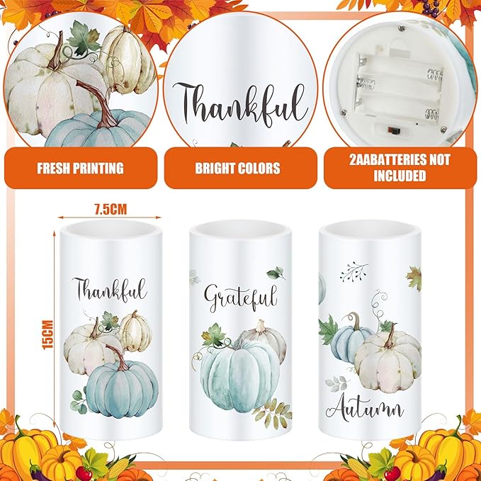 Retisee 3 Pcs Farmhouse Thanksgiving Flameless LED Candles Thanksgiving Battery Operated Candles with Remote Control Thankful Grateful Pumpkin Decor for Table Centerpiece Bedroom Autumn Harvest Decor