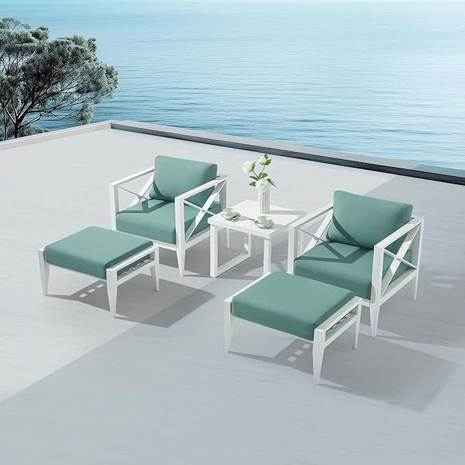 MBY 2-Seat Aluminum Patio Furniture Set with Ottomans & Coffee Table, Oversized Outdoor Conversation Set, Weather-Resistant for Backyard, Deck, Balcony – White
