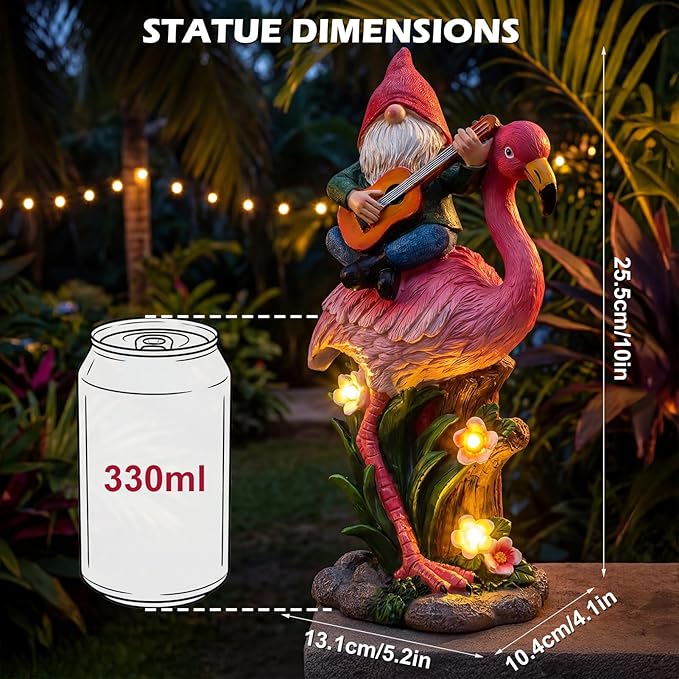 EXYGLO Solar Gnome Garden Statue Decor, 10" Gnome Riding Flamingo Outdoor Funny Decoration for Lawn, Patio, Yard, and Unique Housewarming, Birthday Ornament Gift for Mother, Friend, Family