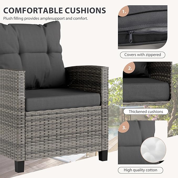 Vongrasig 3 Pieces Patio Furniture Set Small Outdoor Wicker Rattan Front Porch Bistro Set Cushioned Patio Chairs Conversation Set with Glass Table for Lawn, Garden, Backyard, Balcony, Gray