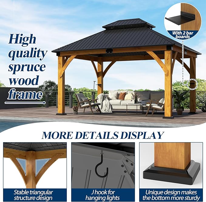 COVERONICS 11FT x 13FT Outdoor Spruce Wood Gazebo - Patio Wooden Frame Gazebo with Galvanized Steel Double Roof, Heavy-Duty Hardtop Gazebos for Garden, Poolside, Deck, Backyard