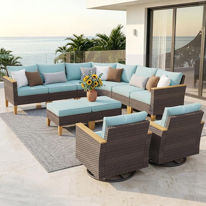 PHI VILLA Wicker Patio Furniture Set with Swivel Chairs, 10 Pieces Half Moon Outdoor Conversations Set, Oversized Rattan Patio Sectional Sofa with Ottoman, Aqua Blue Cushion