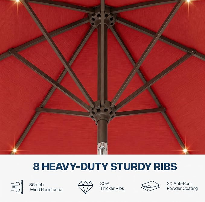 11FT Solar Patio Umbrella with Lights, Outdoor Table Market Umbrella with 32 LED Lights, 8 Sturdy Ribs, Smooth Crank Lift for Pool, Deck and Garden, UV-Resistant