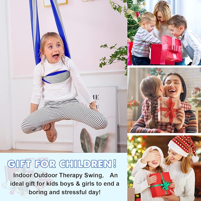 Therapy Swing Hammock Kids Cuddle Sensory Swing Indoor Therapeutic Hammock 360° Rotating Double Layer Elastic Rocking Cloth Swing Gifts for Children with ADHD SPD Asperger Autism (Blue+Grey)